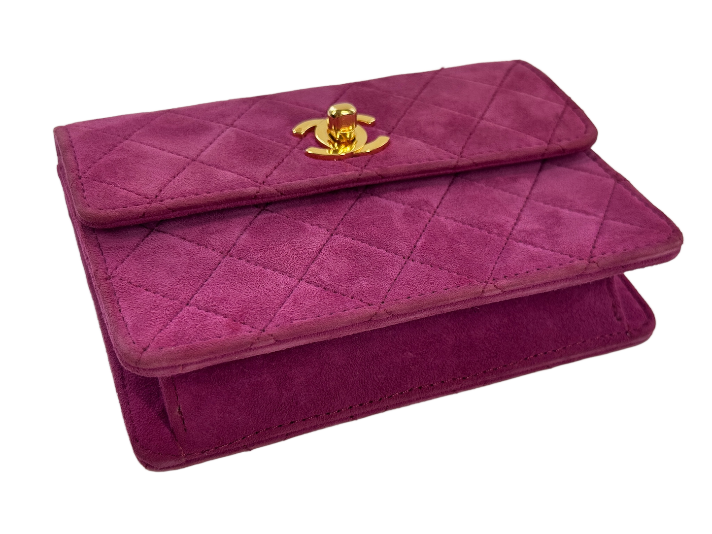 Chanel Vintage 80s/90s Quilted Fuchsia Suede Micro Mini Flap Crossbody Bag w 24K Gold Plated Hardware