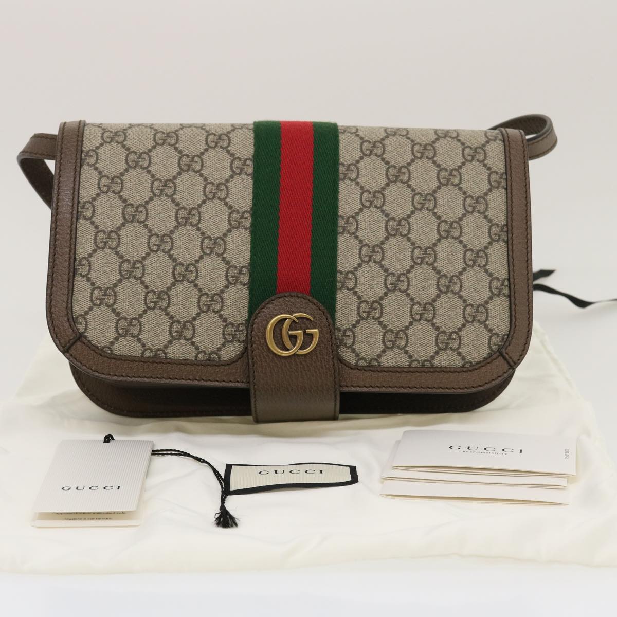 GUCCI GG Supreme Ophidia Web Sherry Line Shoulder Bag Beige 29884A