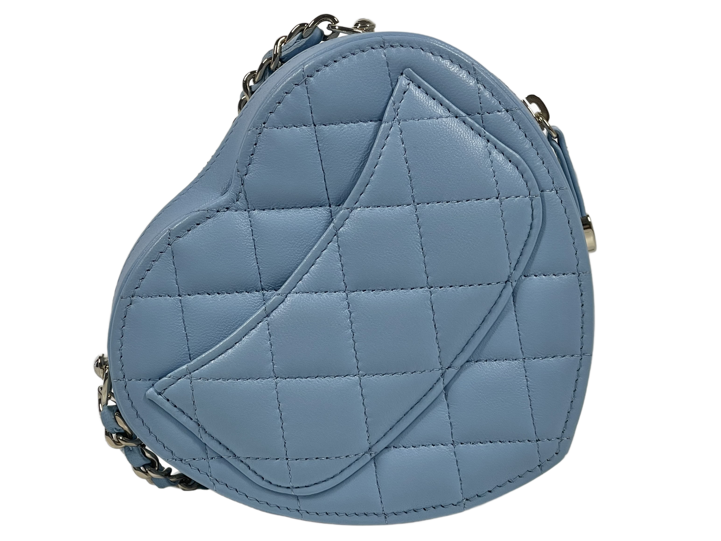 Chanel 22S Baby Blue Quilted Lambskin Small Heart Bag Clutch with on Chain