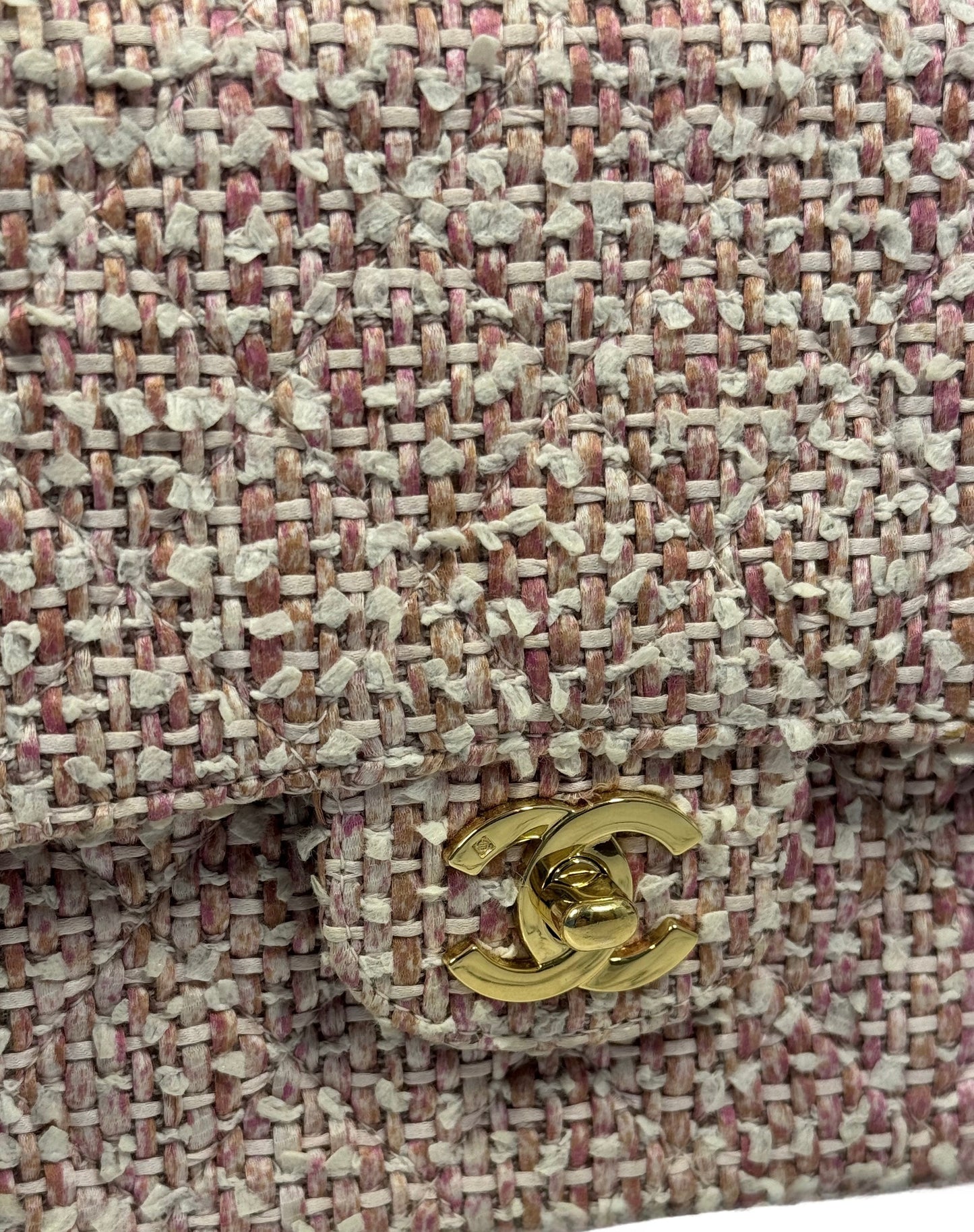 Chanel Vintage 2003 Baby Pink Tweed Medium Classic Double Flap Bag w 24K Gold Plated Hardware