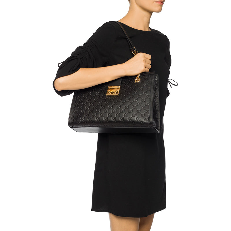(WMNS) Gucci Padlock Metallic Logo Embossing Leather Tote Chain Black HandBag 479197-0REAG-1000