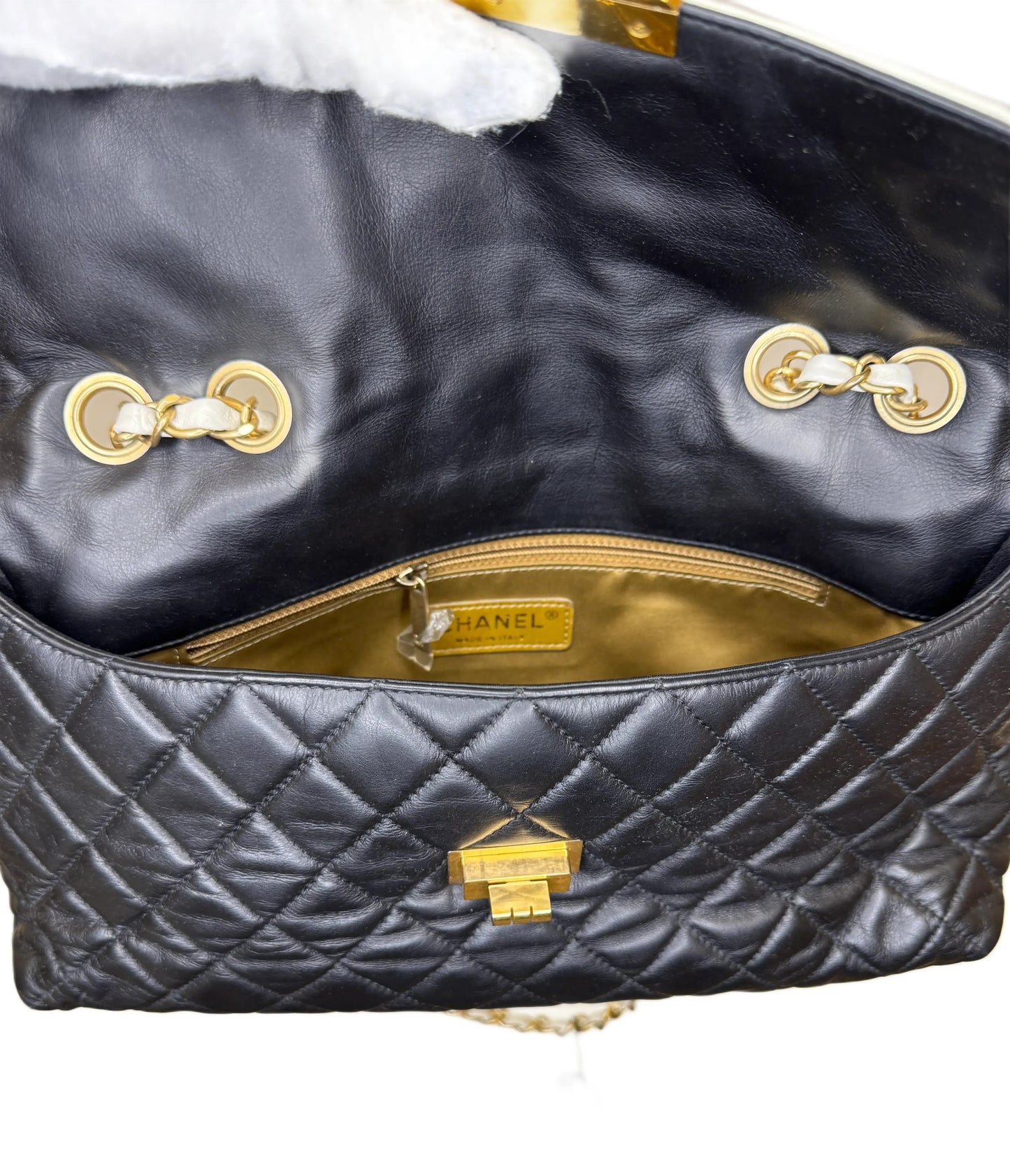 Chanel Glazed Calfskin 2.55 East West Mademoiselle Flap Black White B24-22
