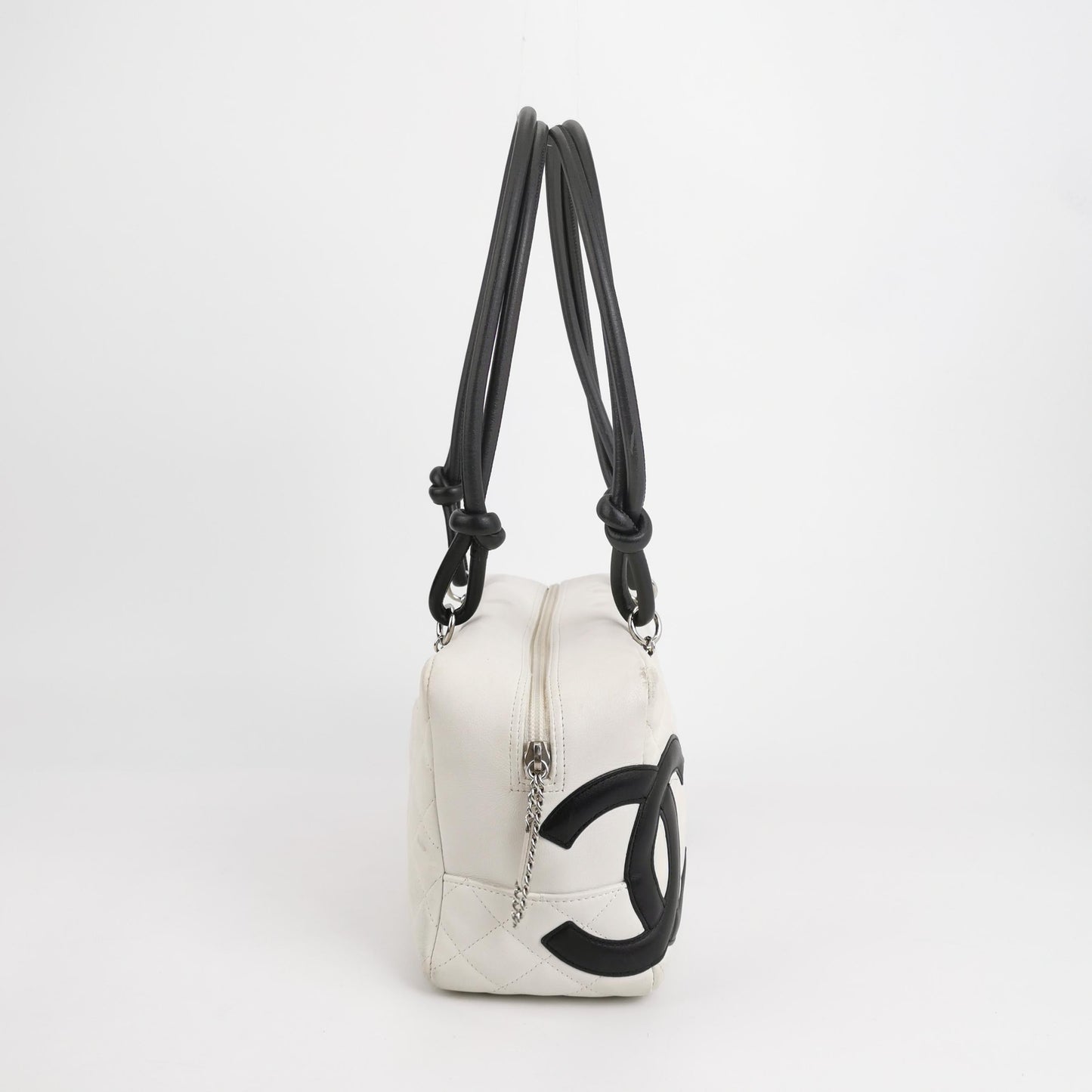 Chanel Cambon Medium Shoulder Bag White Calfskin Leather Black Double Strap