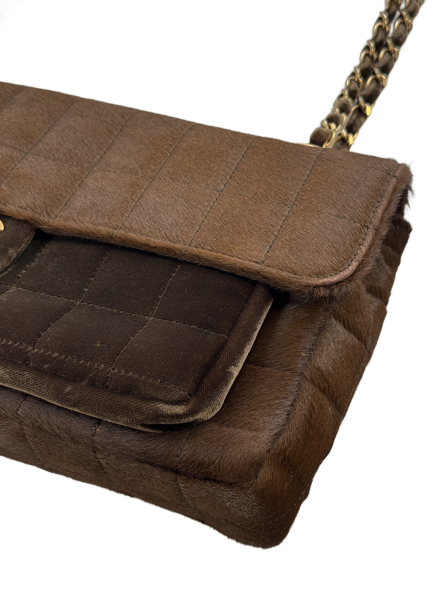 Chanel Vintage 00s Brown Pony Hair & Velour Chocolate Bar East West Flap Bag w Aged Gold Hardware