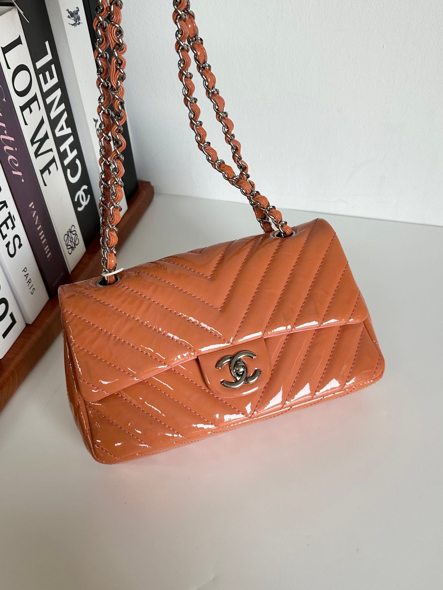 Chanel Patent Chevron Medium Flap Bag - Orange Shoulder Bags, Handbags #E