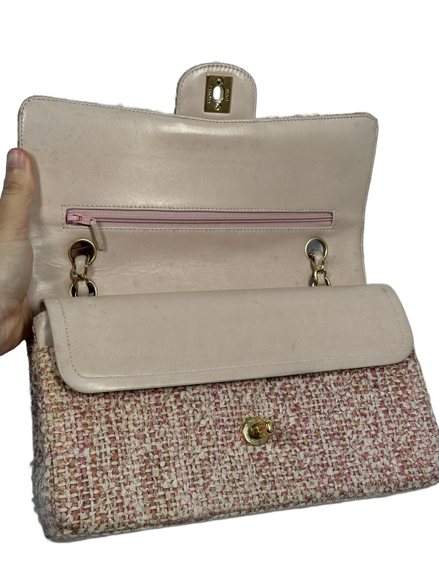 Chanel Vintage 2003 Baby Pink Tweed Medium Classic Double Flap Bag w 24K Gold Plated Hardware