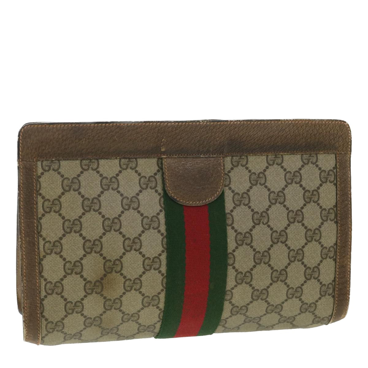 GUCCI Web Sherry Line GG Canvas Clutch Bag PVC Leather Beige Green 89 36433