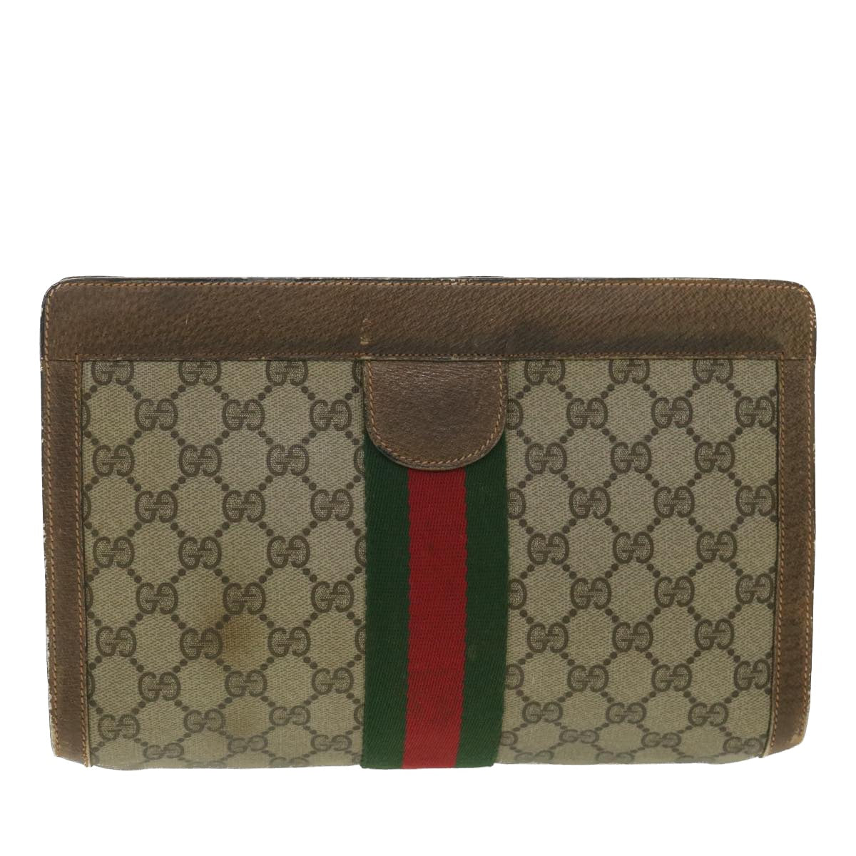 GUCCI Web Sherry Line GG Canvas Clutch Bag PVC Leather Beige Green 89 36433