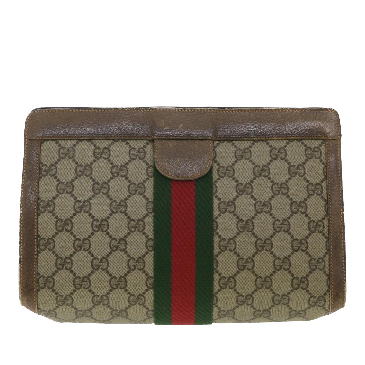 GUCCI Web Sherry Line GG Canvas Clutch Bag PVC Leather Beige Green 89 36433