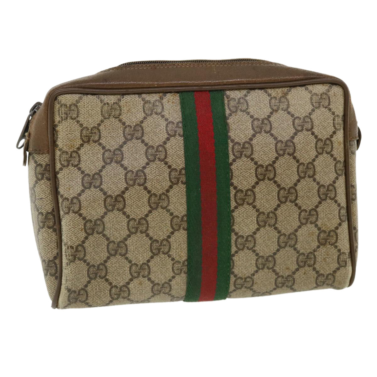 GUCCI Web Sherry Line GG Canvas Clutch Bag PVC Leather Beige Green 37094