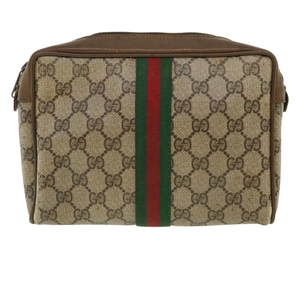 GUCCI Web Sherry Line GG Canvas Clutch Bag PVC Leather Beige Green 37094