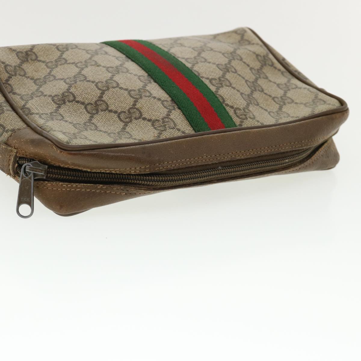 GUCCI Web Sherry Line GG Canvas Clutch Bag PVC Leather Beige Green 37094