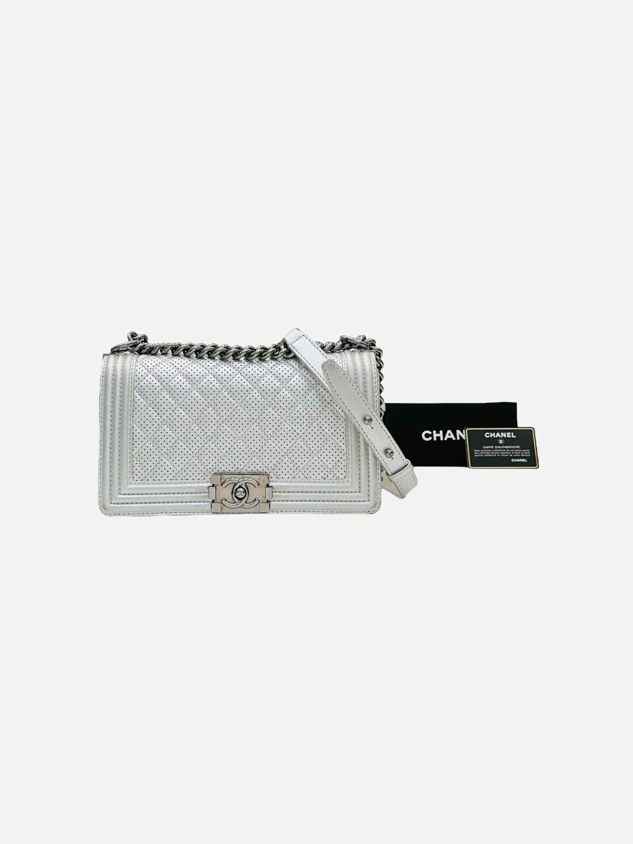 CHANEL New Boy Flap Silver Perforated Shoulder Bag