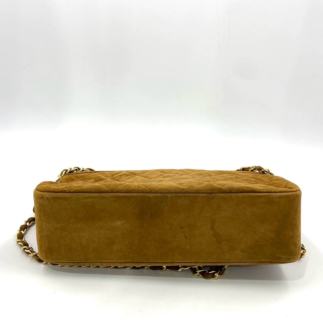 Chanel Matelasse Tan Brown Suede Gold Double Chain Coco Charm Medium Shoulder Bag