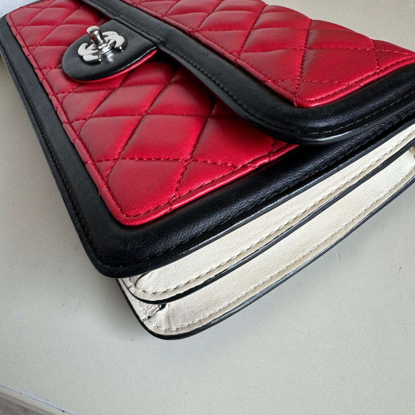 Chanel Baguette Flap Shoulder Bag Lambskin Red and Black Silver Double Chain