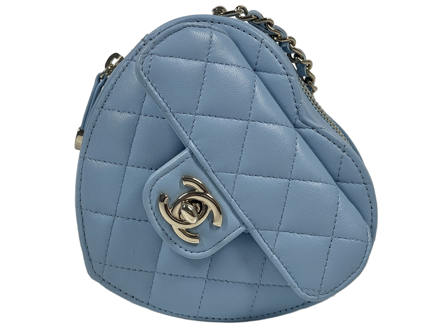 Chanel 22S Baby Blue Quilted Lambskin Small Heart Bag Clutch with on Chain