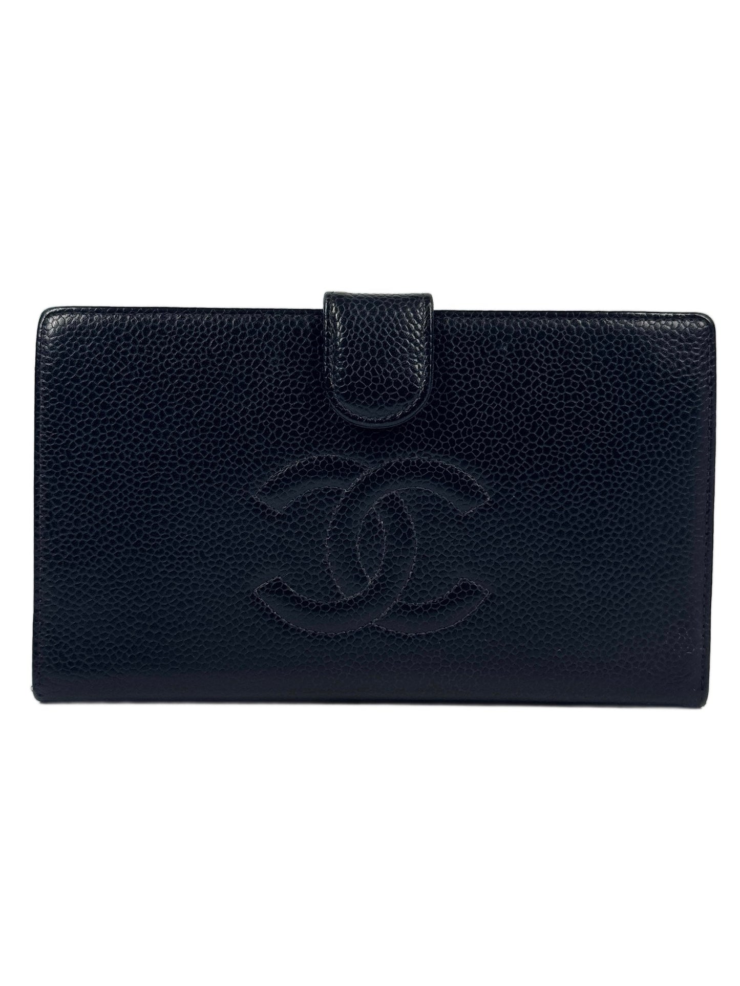 Chanel Vintage Black Caviar CC Logo Long Snap Bifold Wallet