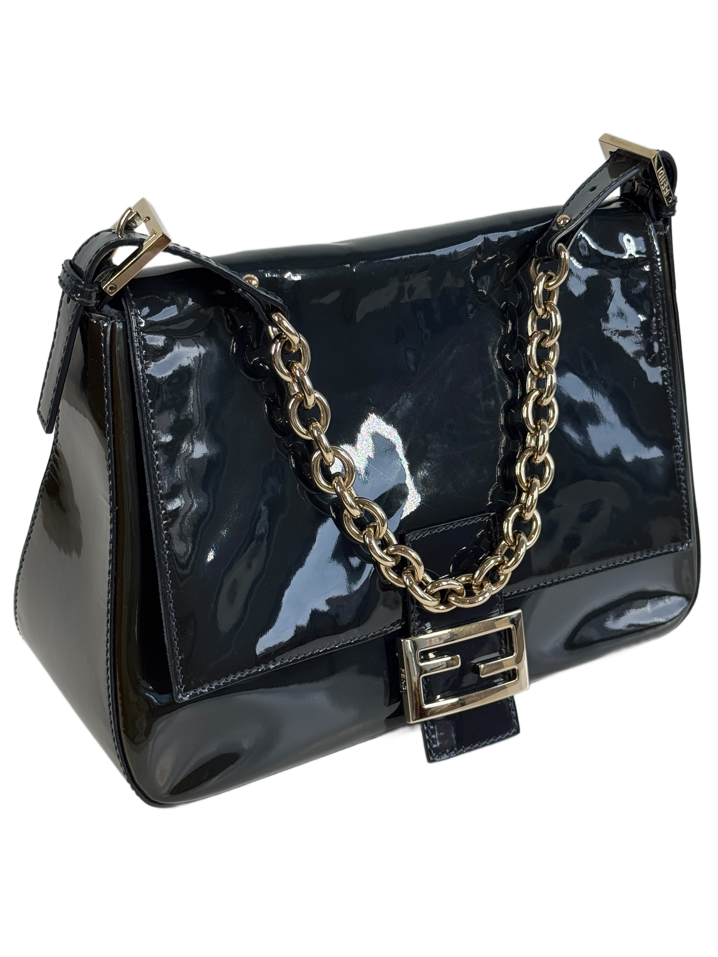 Fendi Navy Blue Patent Leather Forever Mama Baguette Chain Strap Shoulder Bag