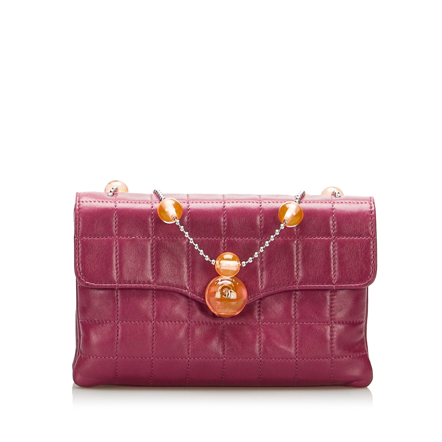 Magenta Chanel Square Quilted Lambskin Beaded Chain Shoulder Bag