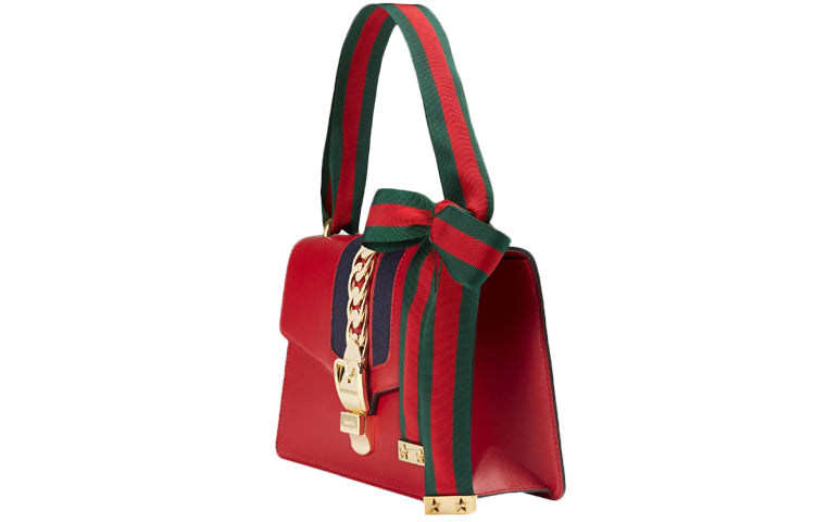 (WMNS) Gucci Sylvie Gold buckle Stripe Webbing Bow Wide Version Leather handBag Small Red 421882-CVLEG-8604