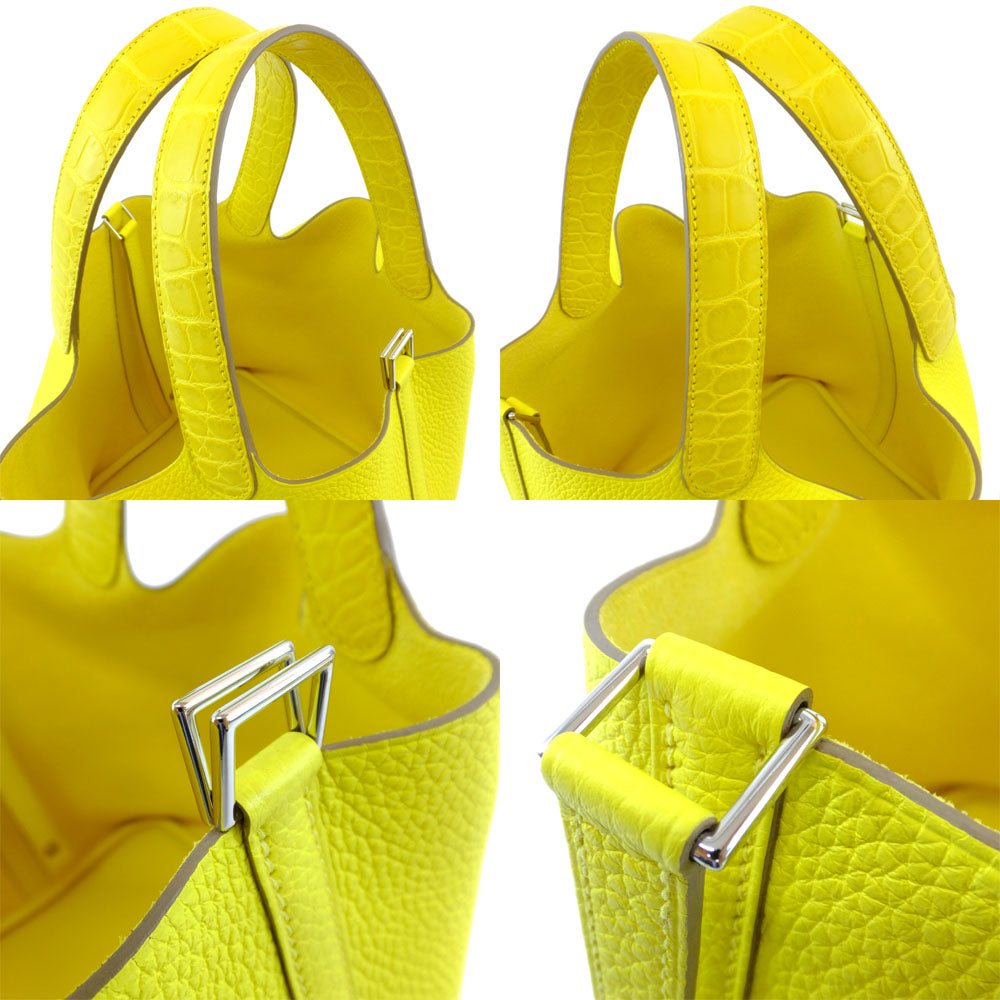 HERMES Hermes Picotin Lock MM Handbag Lime Yellow Silver G Clemence U Shapes Manufactured 2022 Cadena