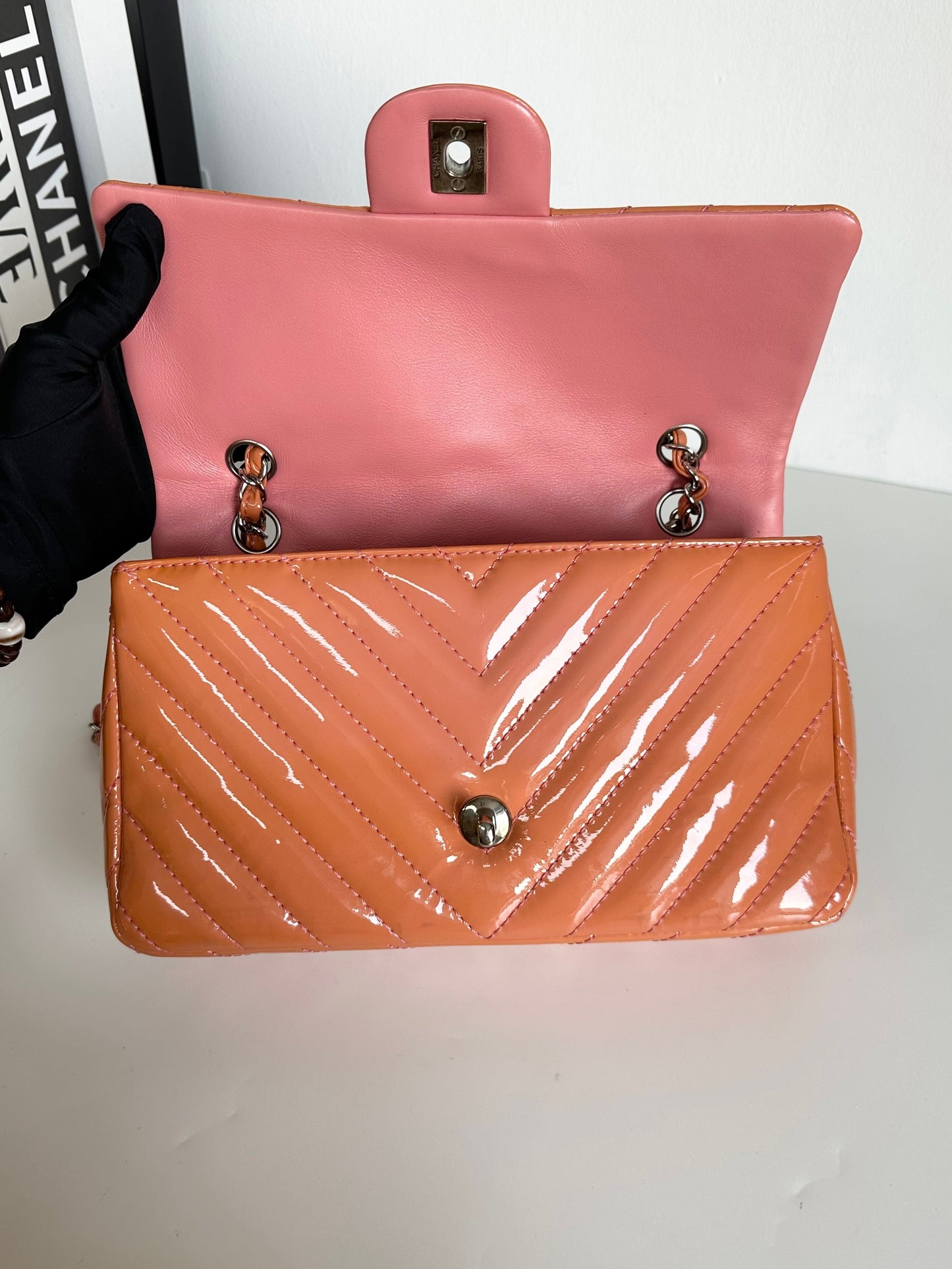 Chanel Patent Chevron Medium Flap Bag - Orange Shoulder Bags, Handbags #E