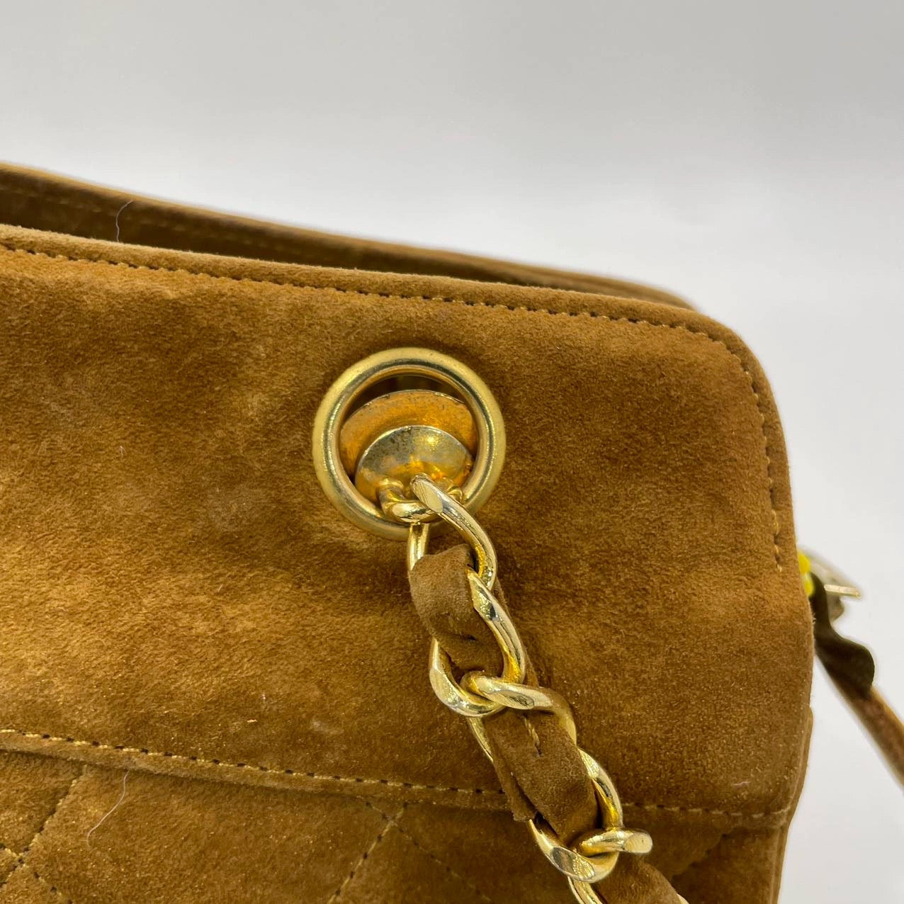 Chanel Matelasse Tan Brown Suede Gold Double Chain Coco Charm Medium Shoulder Bag