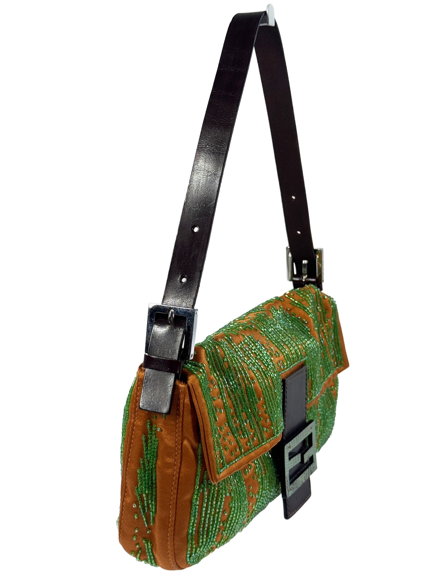 Fendi Vintage Orange Satin Green Beaded Lizard Logo Shoulder Baguette Bag