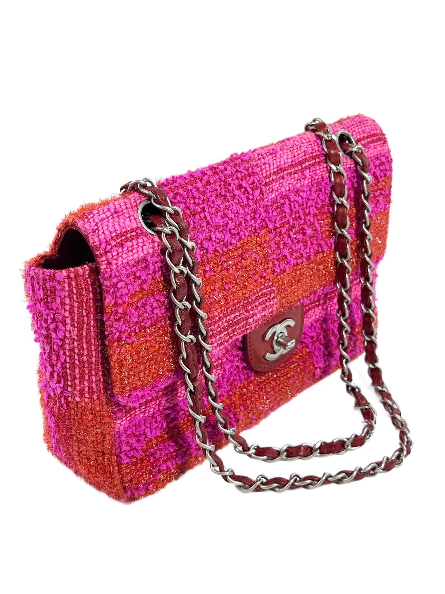 Chanel Vintage 00s Metallic Red & Pink Tweed Medium Classic Single Flap Bag w Matte Silver Hardware