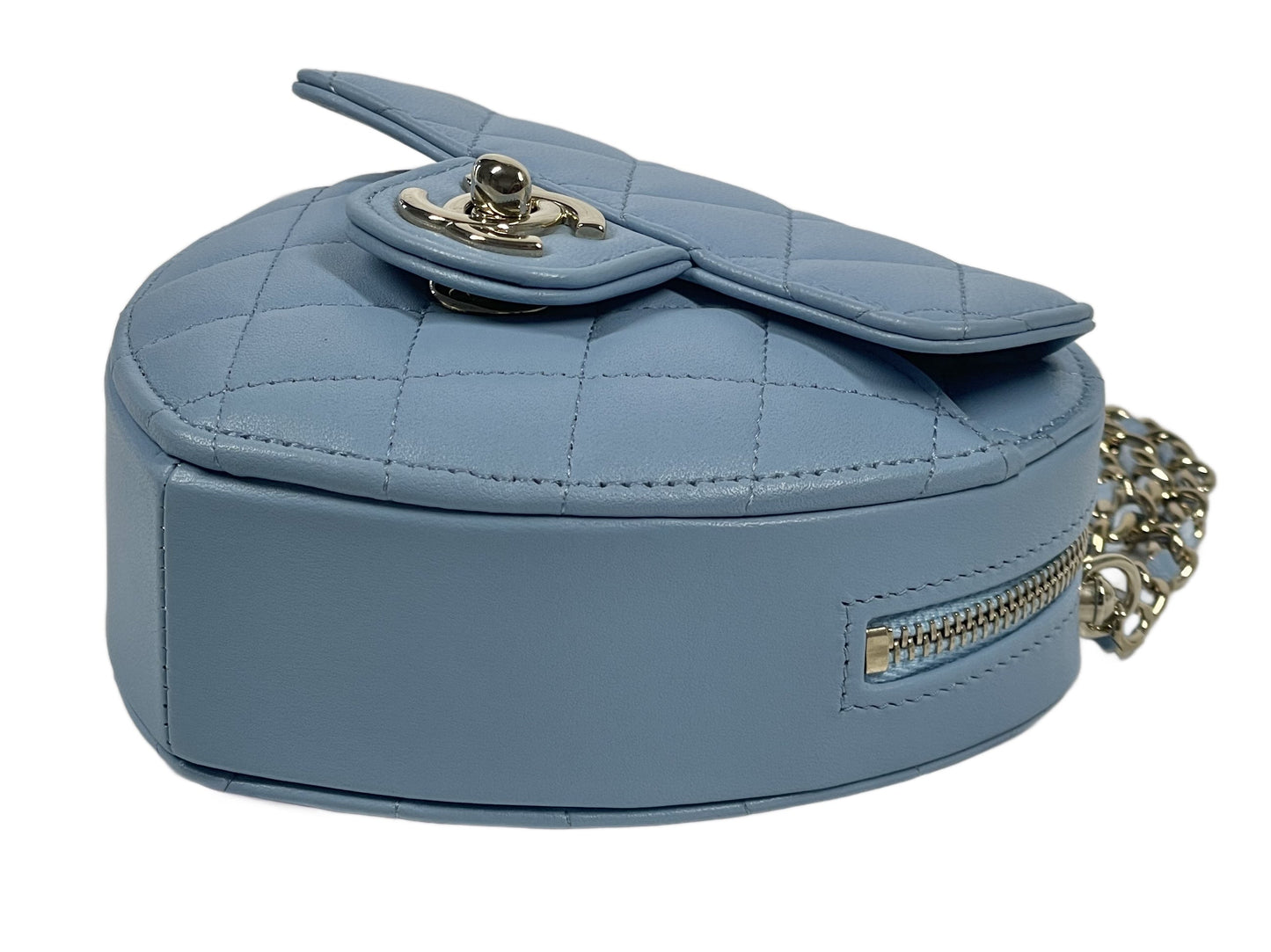 Chanel 22S Baby Blue Quilted Lambskin Small Heart Bag Clutch with on Chain