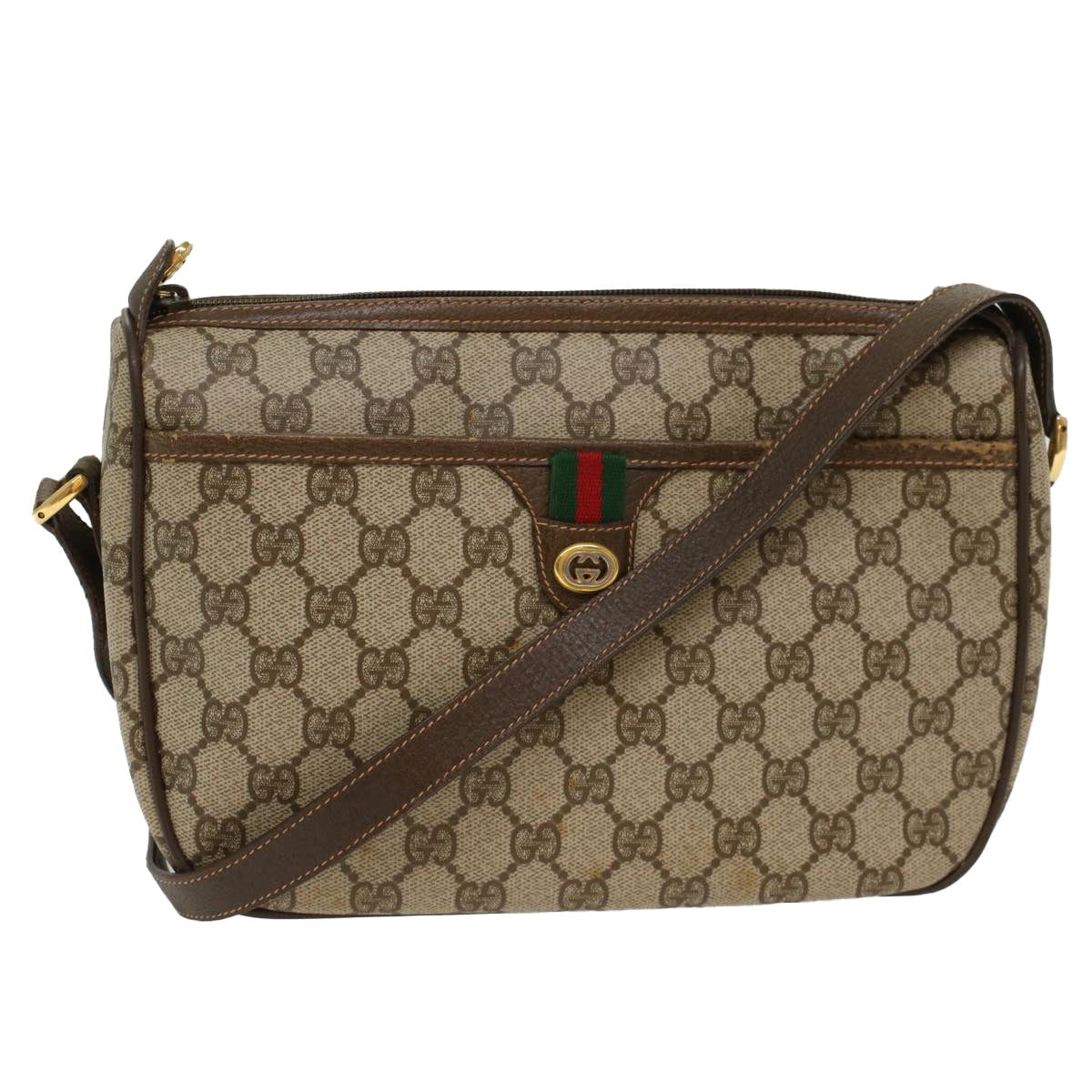 GUCCI GG Canvas Web Sherry Line Shoulder Bag PVC Leather Beige Green 47988