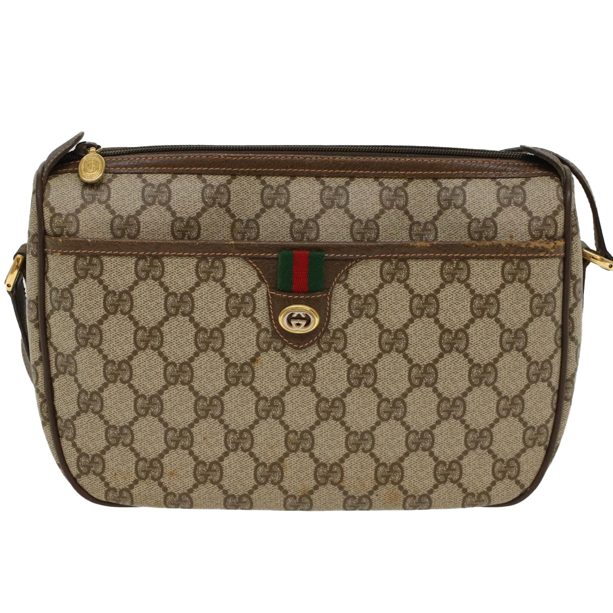 GUCCI GG Canvas Web Sherry Line Shoulder Bag PVC Leather Beige Green 47988