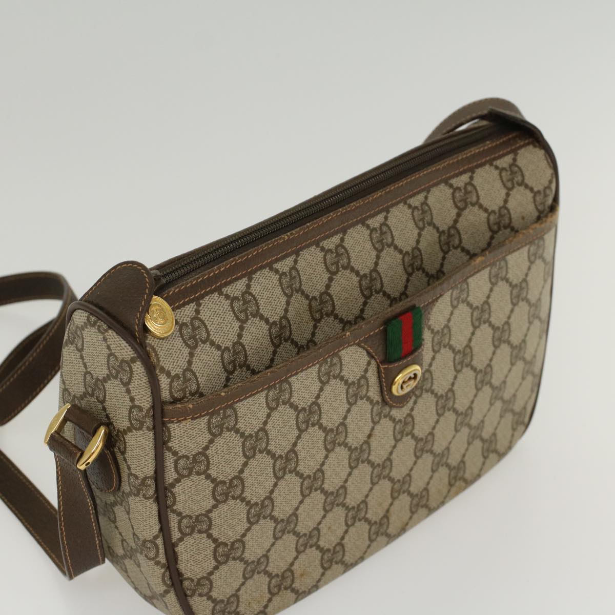 GUCCI GG Canvas Web Sherry Line Shoulder Bag PVC Leather Beige Green 47988