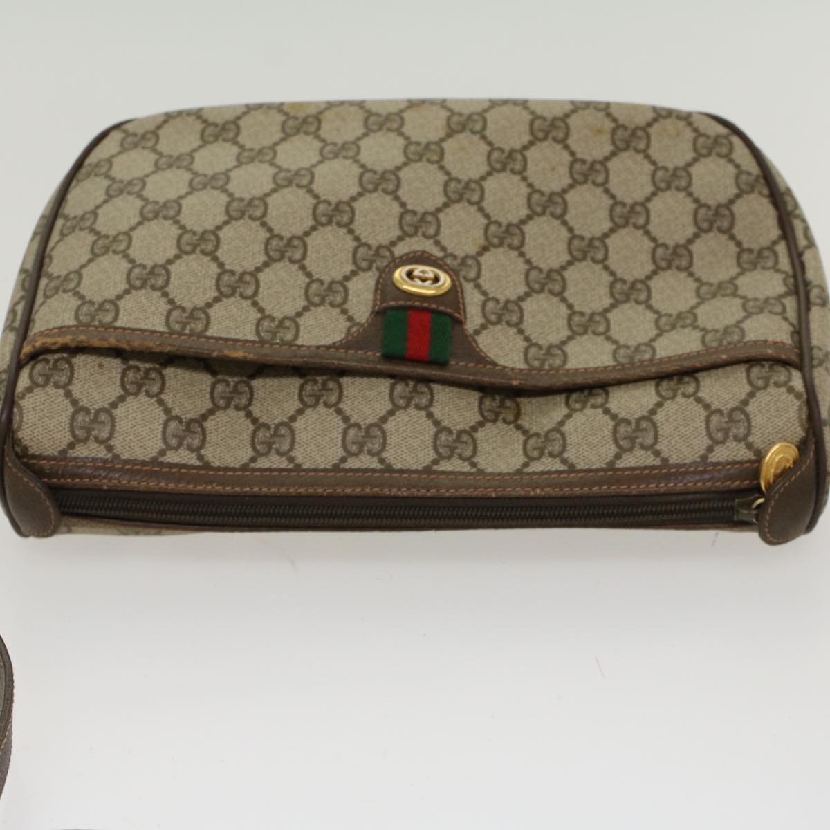 GUCCI GG Canvas Web Sherry Line Shoulder Bag PVC Leather Beige Green 47988