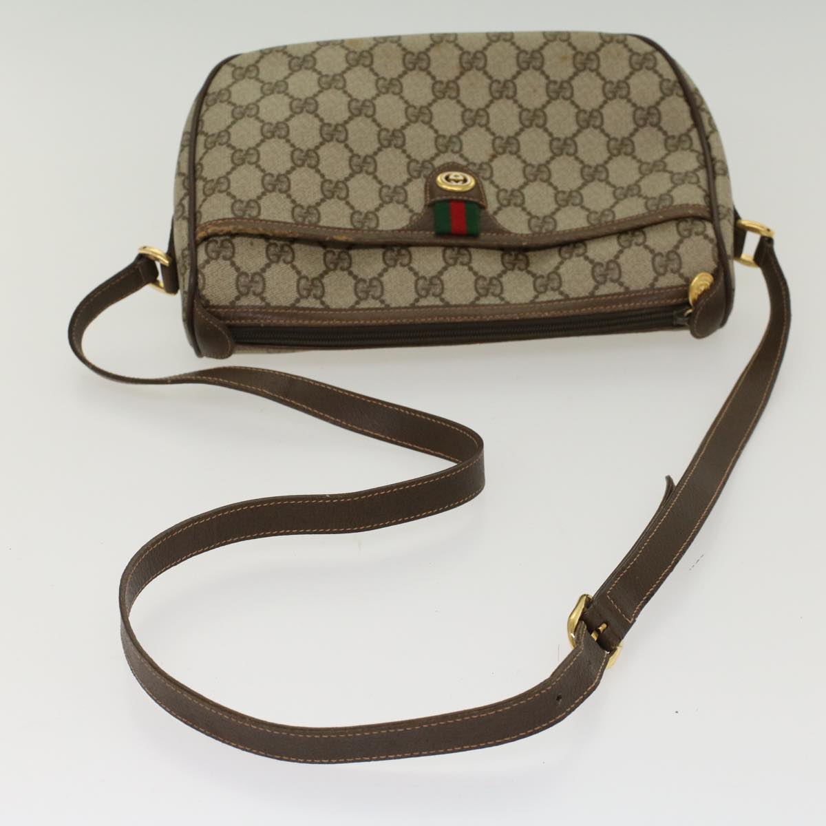 GUCCI GG Canvas Web Sherry Line Shoulder Bag PVC Leather Beige Green 47988