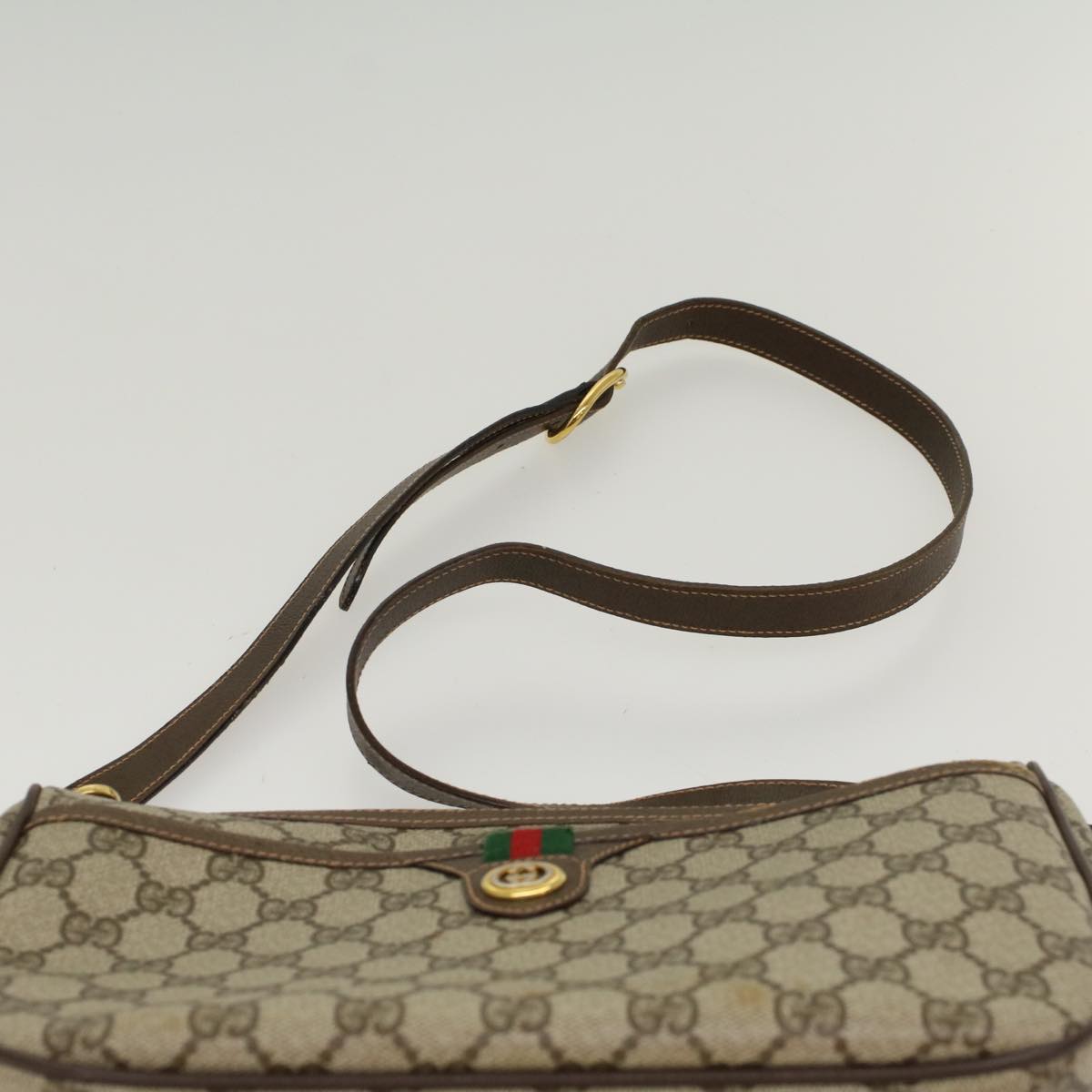GUCCI GG Canvas Web Sherry Line Shoulder Bag PVC Leather Beige Green 47988