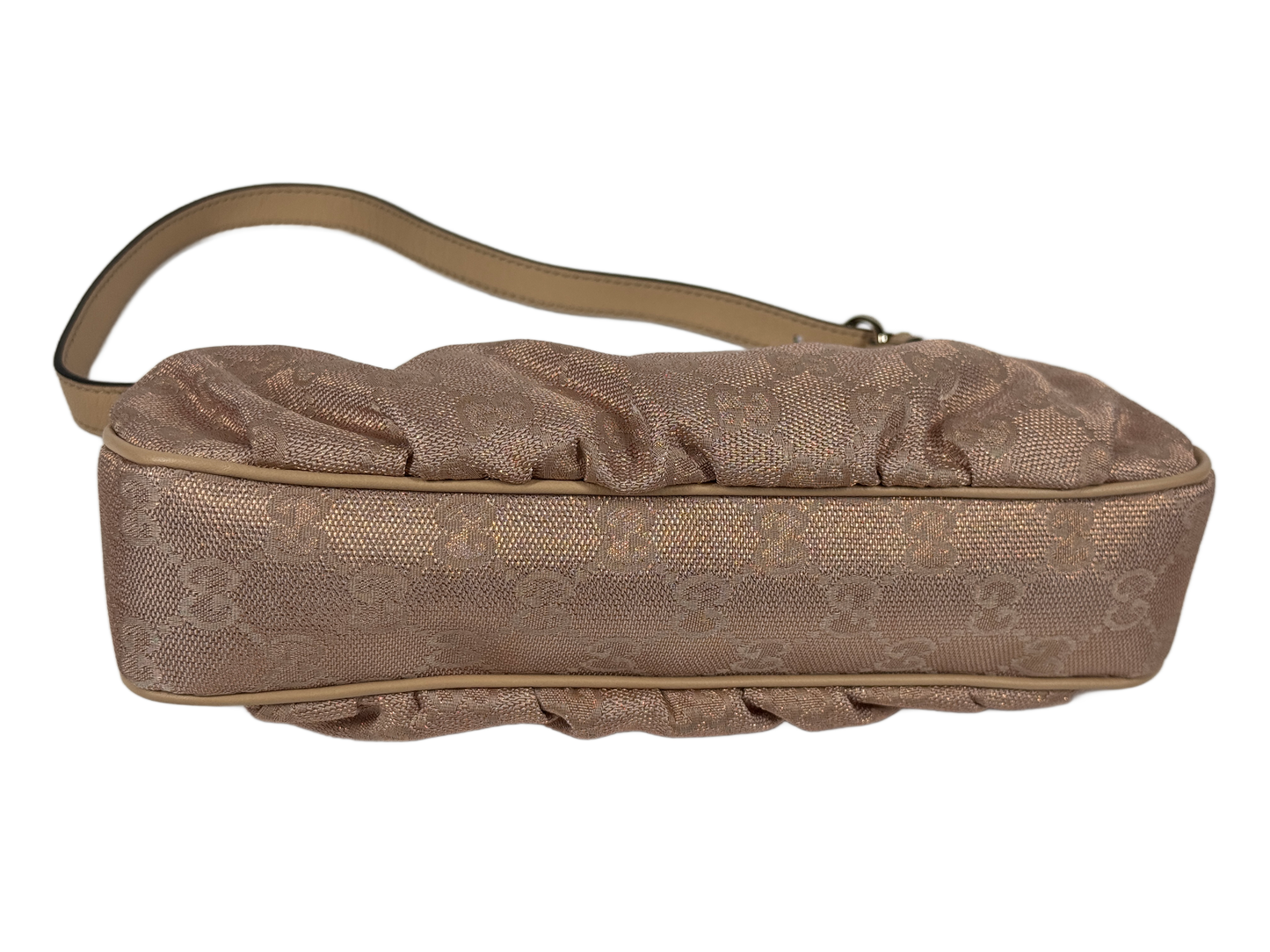 Gucci Vintage Metallic Pink GG Monogram Canvas w Ivory Leather Trim Lovely Heart Logo Mini Shoulder Pochette Bag