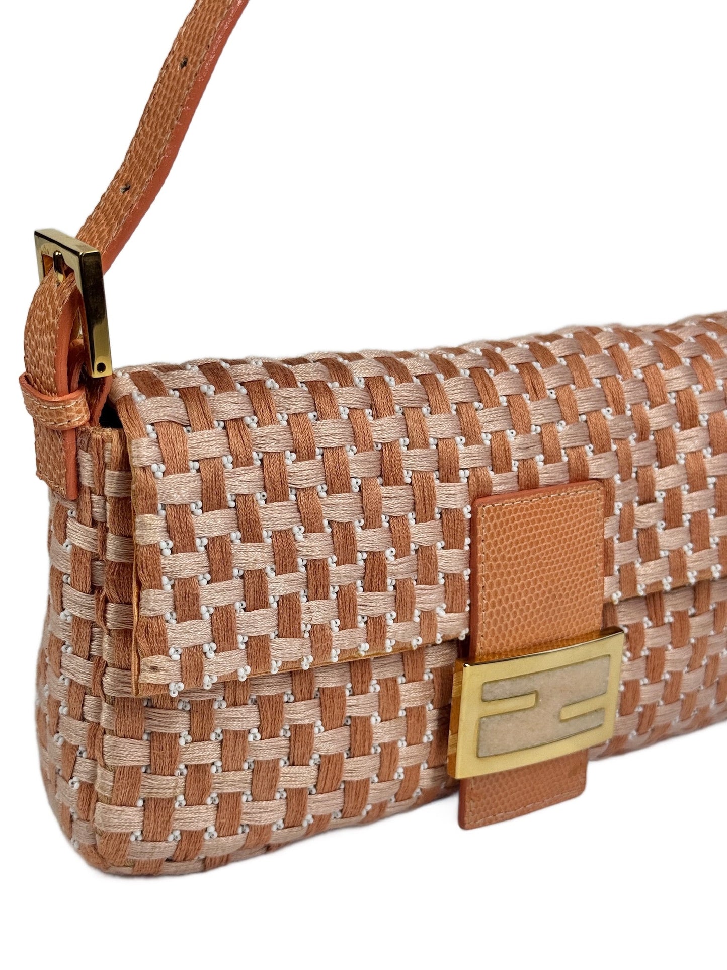 Fendi Vintage Peach Orange Woven Beaded Baguette Shoulder Bag w Quartz Logo & Crocodile Trim