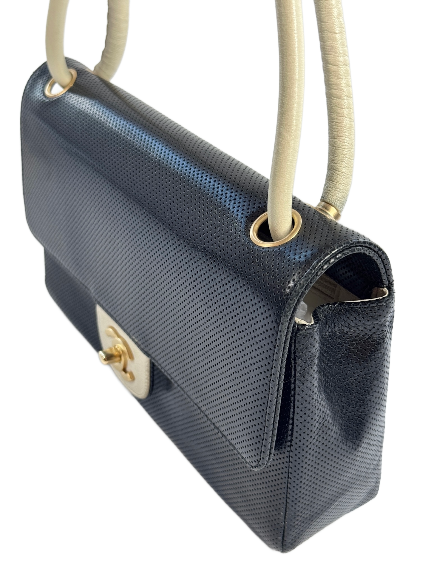 Chanel Vintage 00s Two-Toned Black & White Perforated Leather Classic Flap Bag w Aged Gold Hardware