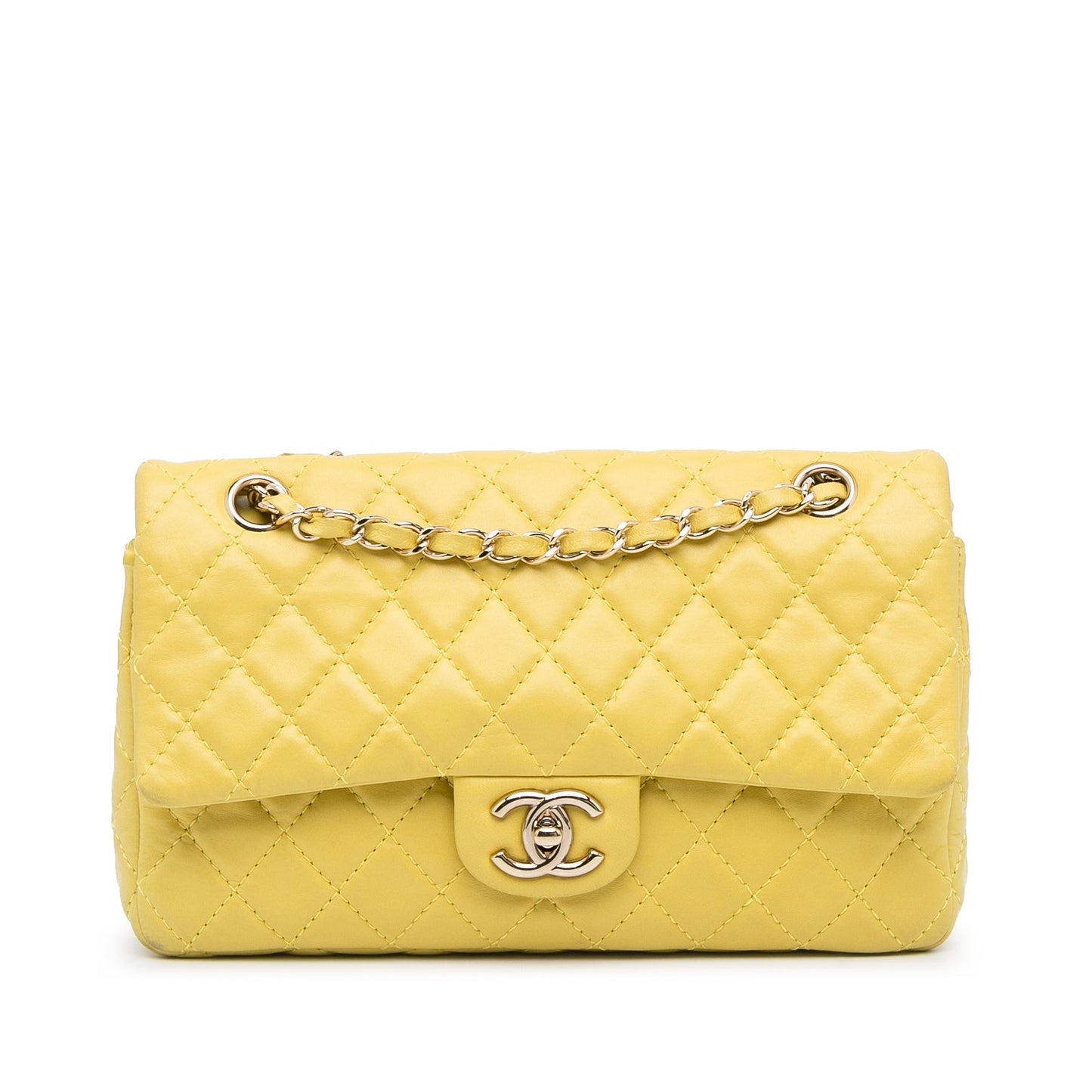 Yellow Chanel Medium Classic Double Stitch Calfskin Double Flap Shoulder Bag