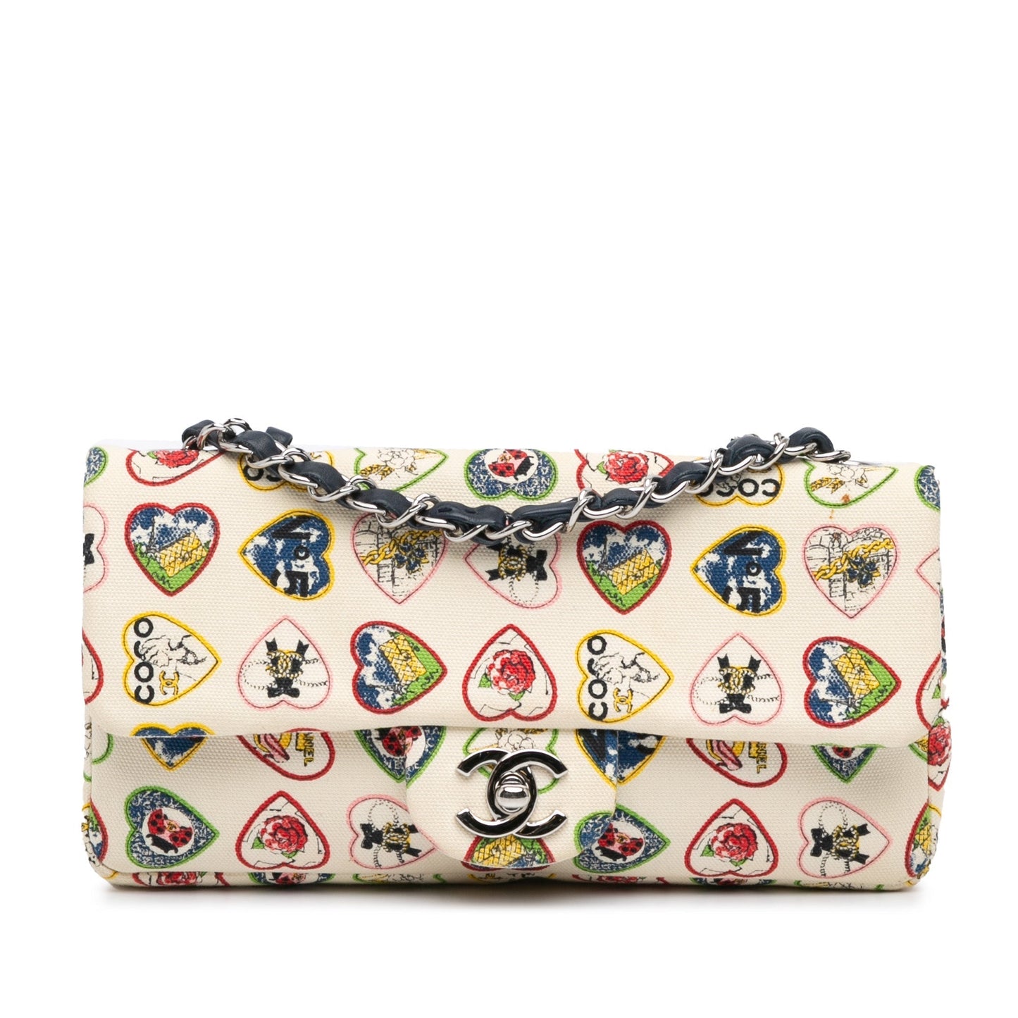 White Chanel Small Canvas Valentine Heart Flap Shoulder Bag
