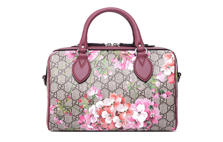 (WMNS) GUCCI GG Blooms Logo Printing Canvas Boston Small Ebony / Pink / Wine Red Handbag 409529-KU2IN-8693