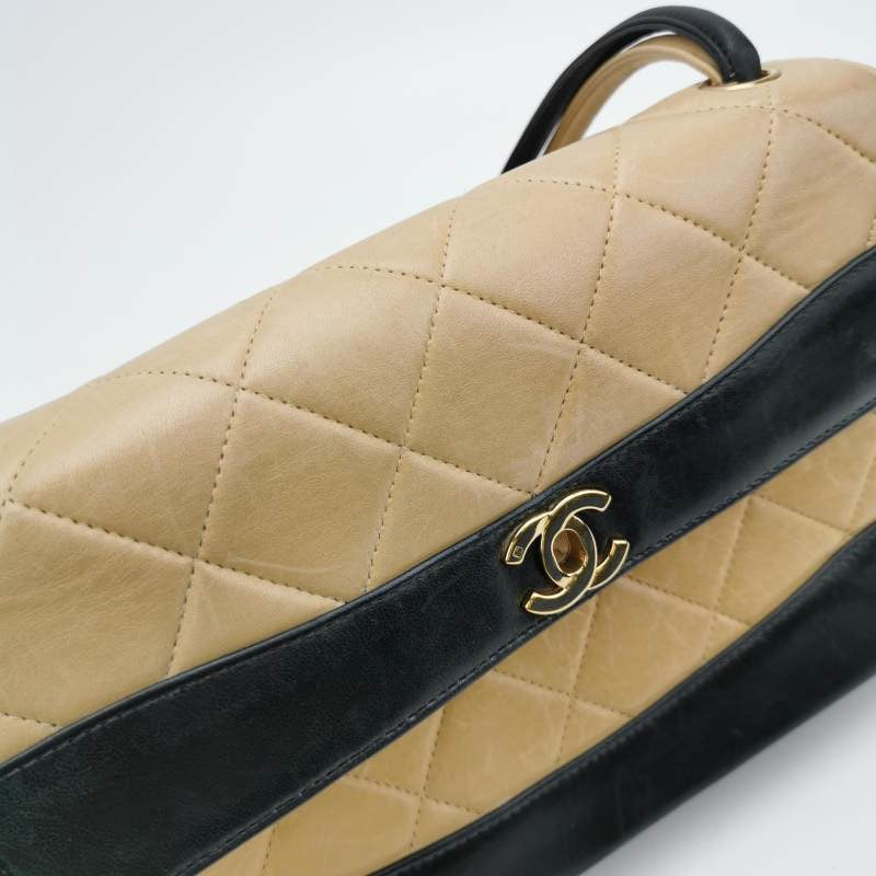 Chanel Matelasse 2.55 Bi-color Beige and Black Lambskin Leather Strap Shoulder Bag, 2000-2002