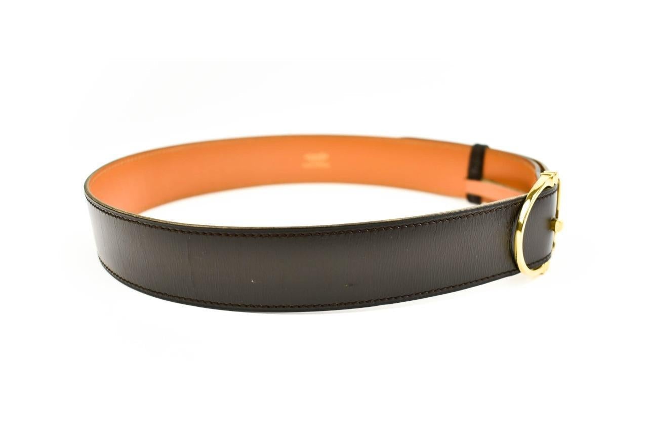 HERMES "Stirrup": Brown Leather & Gold Buckle Belt (fits 24"- 27")