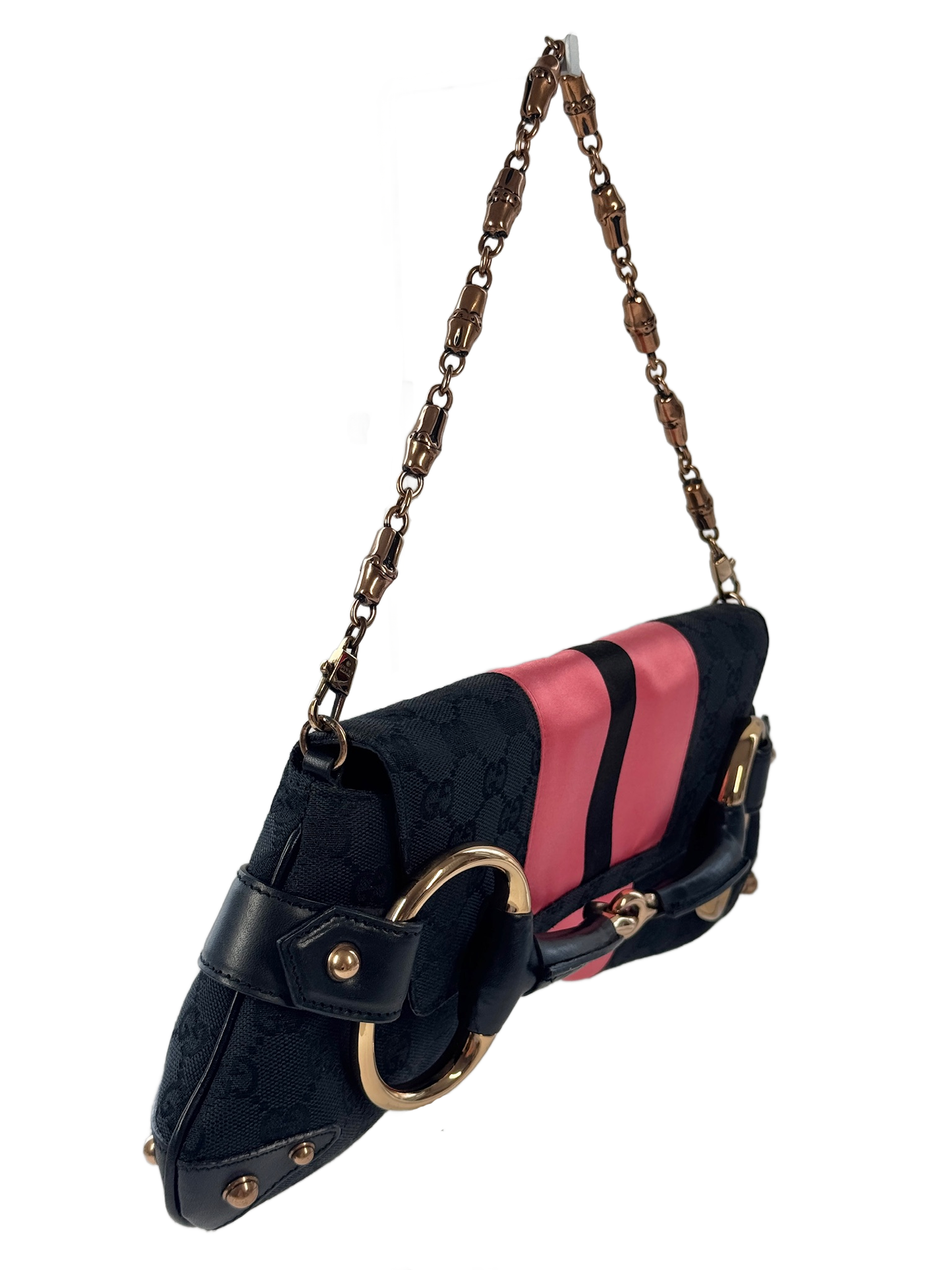 Gucci Vintage Black GG Monogram Gold Horsebit Pink Satin Striped Bamboo Chain Shoulder Clutch Bag