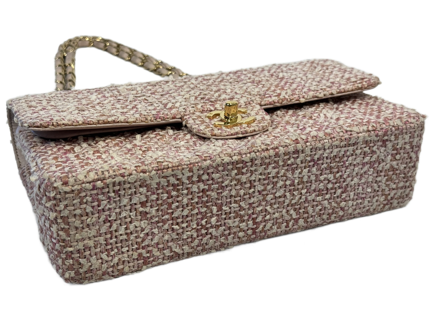 Chanel Vintage 2003 Baby Pink Tweed Medium Classic Double Flap Bag w 24K Gold Plated Hardware