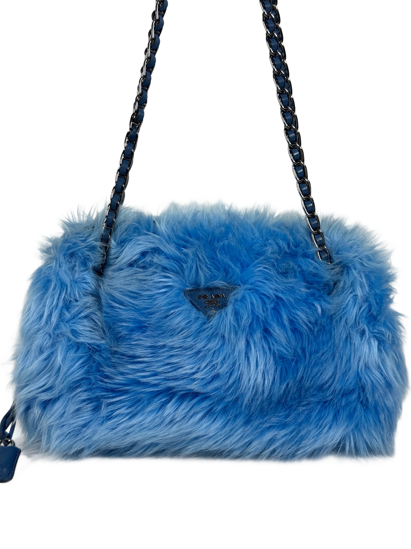 Prada Blue Faux Fur Medium Chain Shoulder Bag