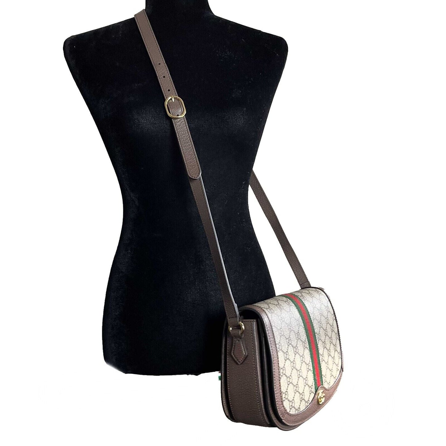 GUCCI GG Supreme Monogram Web Small Ophidia Flap Messenger Brown Crossbody Bag