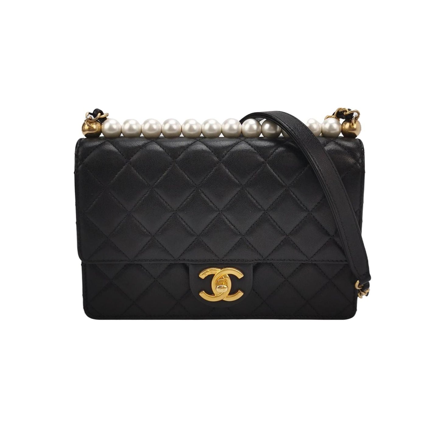 Chanel Flap Bag Lamb Leather Quilted Pearl Decor Classic Double C Buckle Shoulder Bag