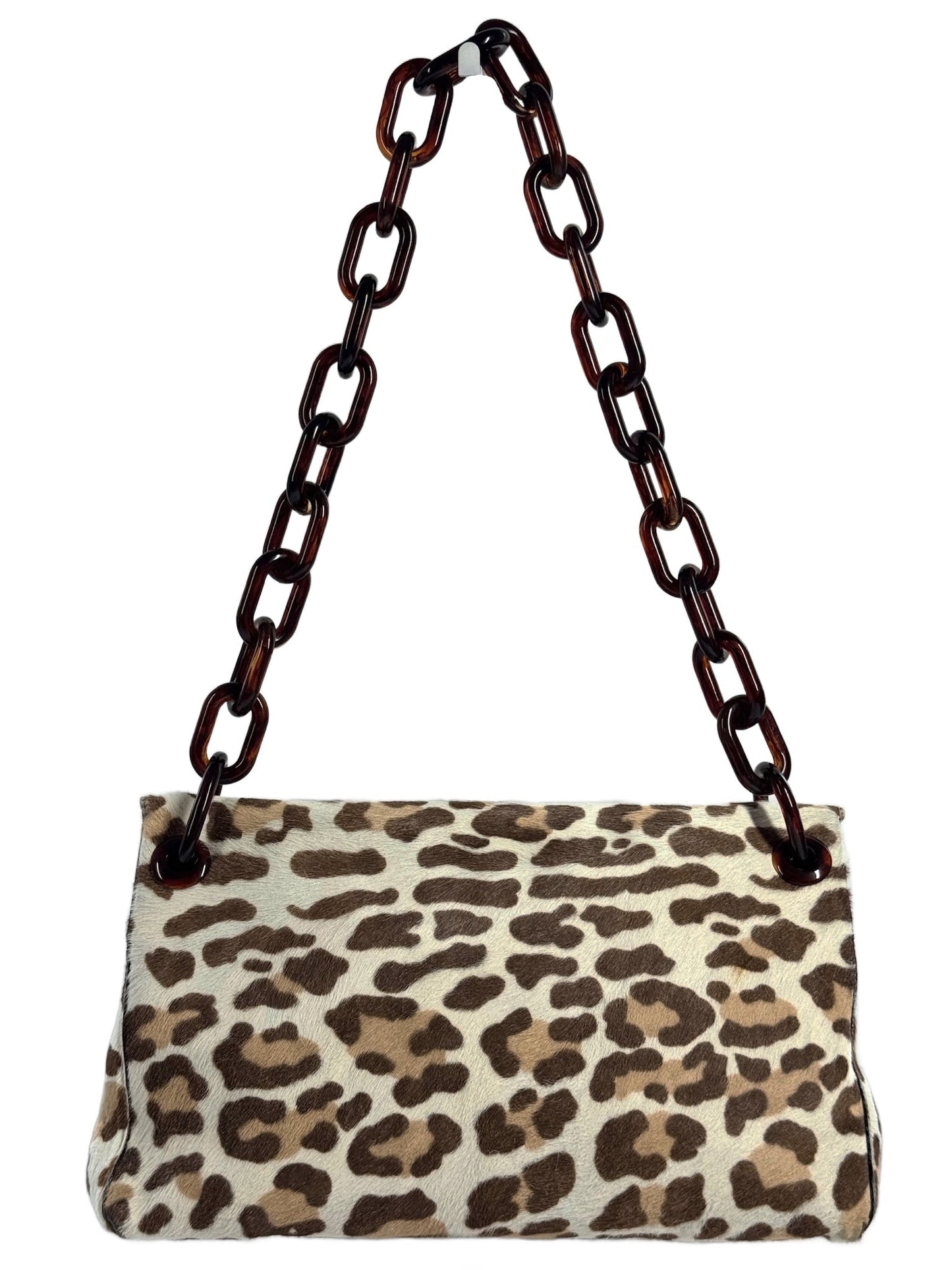 Prada Vintage White & Brown Pony Hair Leopard Resin Tortoise Chain Link Handle Shoulder Bag